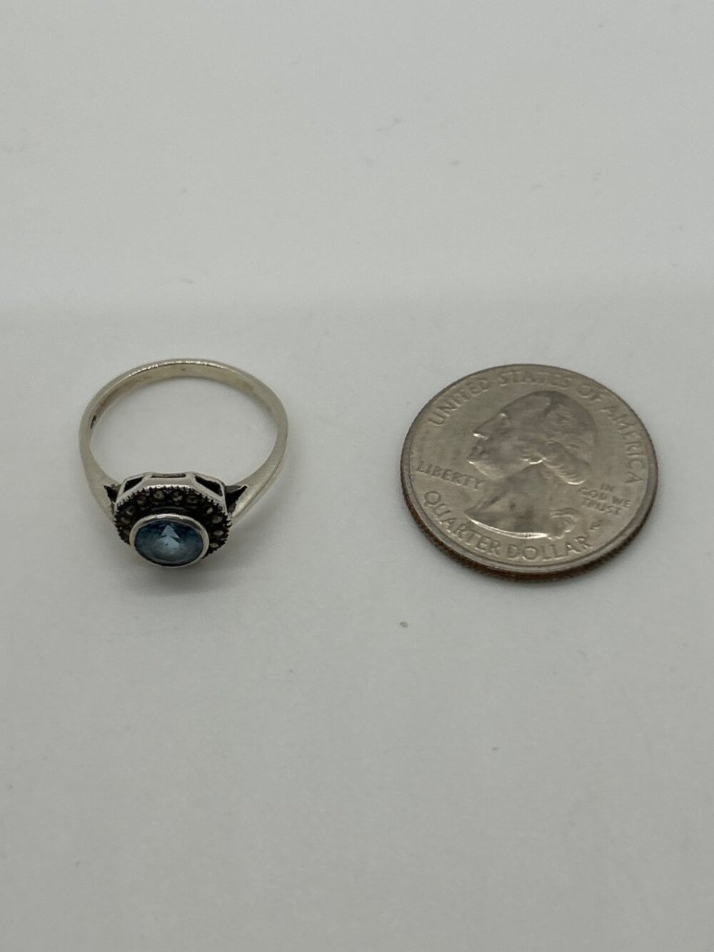 Vintage 925 Sterling Silver Blue Stone & Marcasite Halo Ring Size 6 - Picture 14 of 15